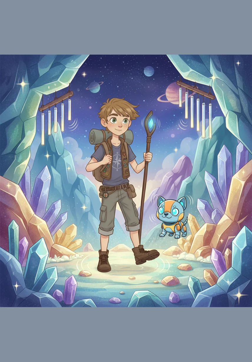 They landed on a small, mysterious planet where everything was made of sparkling crystals that chimed like bells in the wind. Leo stepped out onto the surface, feeling the gentle, rhythmic vibration of the ground beneath his boots.