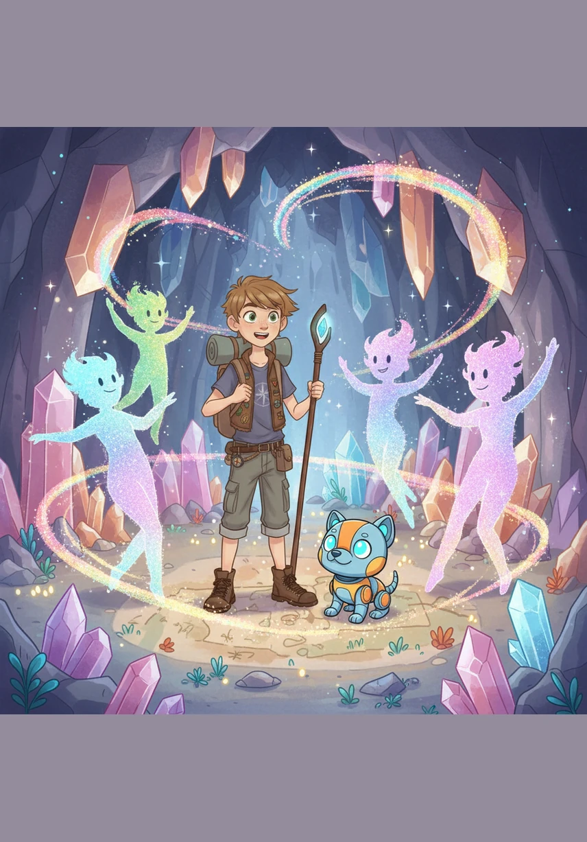 Friendly star-beings with bodies made of pure, shimmering light emerged from the crystal caves to greet the travelers. They danced around Leo and Pip, sharing the ancient secrets of the universe through beautiful, changing patterns of color.