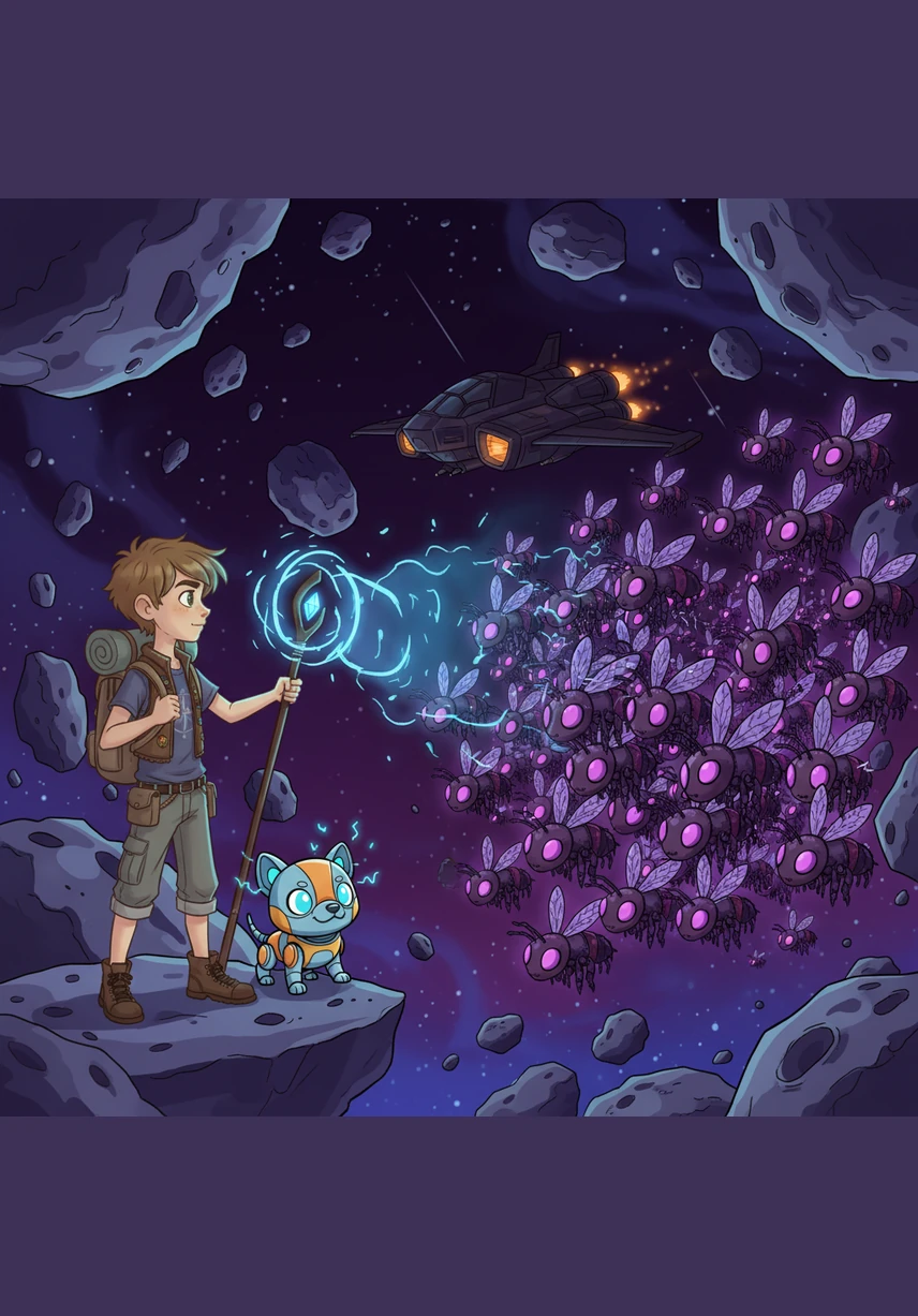 Suddenly, the sky darkened as a swarm of tumbling asteroids began to drift toward their parked spaceship. Leo hurried back inside, realizing they needed to act quickly to protect their ship and continue their journey through the rocky belt.