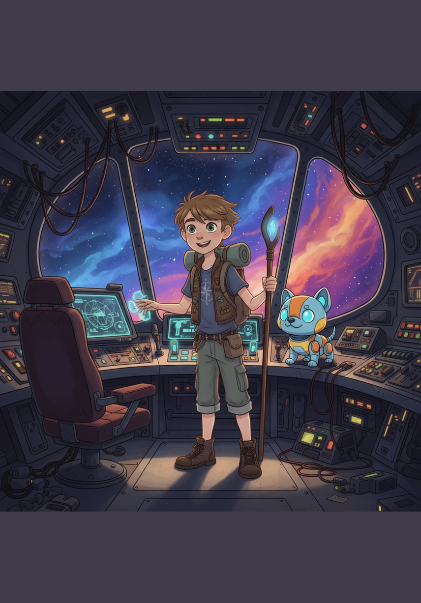 Pip’s eyes flashed a bright, determined blue as he activated a special tractor beam from the ship’s control panel. With expert precision, the little robot dog cleared a safe path through the floating stones, keeping them out of harm's way.