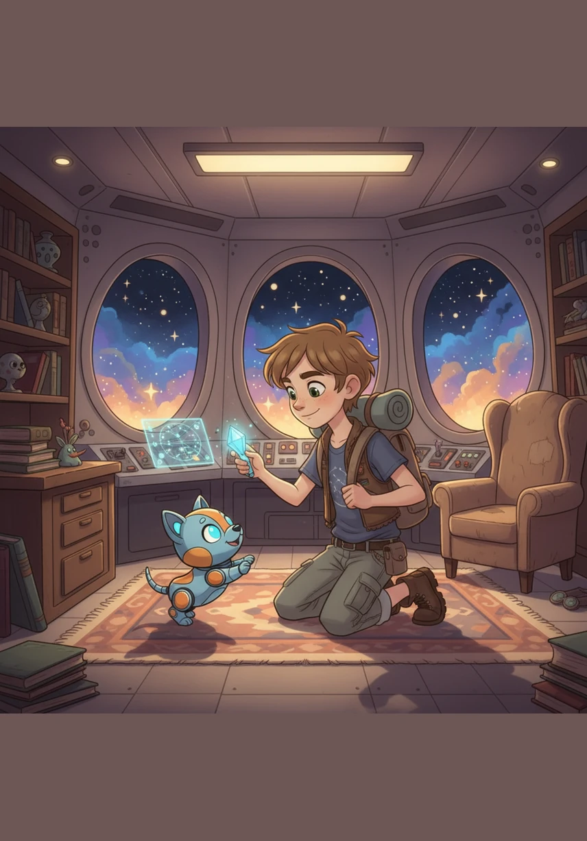 Once they were back in the peaceful void, Leo and Pip enjoyed a snack of floating, sweet space-berries. They laughed and tumbled in zero gravity, chasing their treats as they drifted lazily through the air of the cozy cabin.