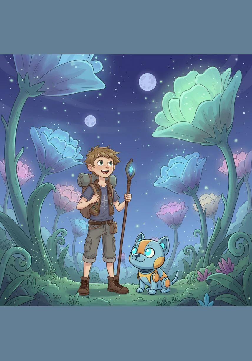 Their journey led them to a hidden planet covered in giant, glowing flowers that reached high toward the distant stars. Each petal was as soft as velvet and released a scent that reminded Leo of fresh summer rain and his garden at home.