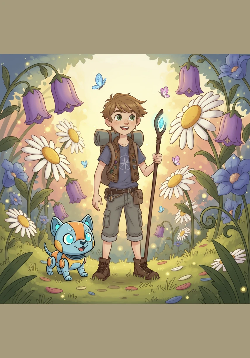 Among the towering flowers, they played a game of hide-and-seek with space butterflies that had wings made of pure starlight. Pip’s sensors beeped with pure joy as the glowing creatures landed playfully on his shiny metallic nose.