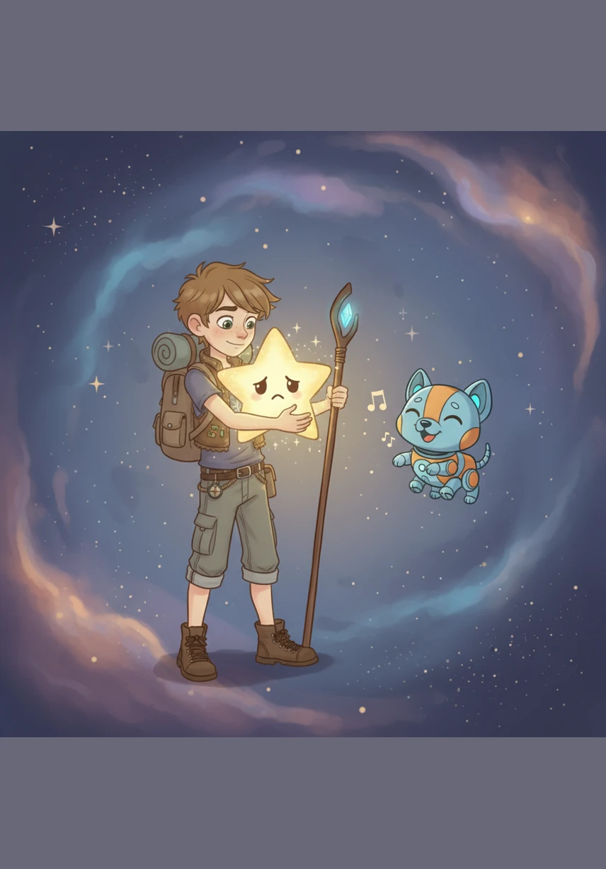 Leo reached out to the star with a warm, comforting hug, while Pip played a cheerful, uplifting melody from his internal speakers. They offered the lonely star their friendship and shared a little bit of their own inner light and warmth.