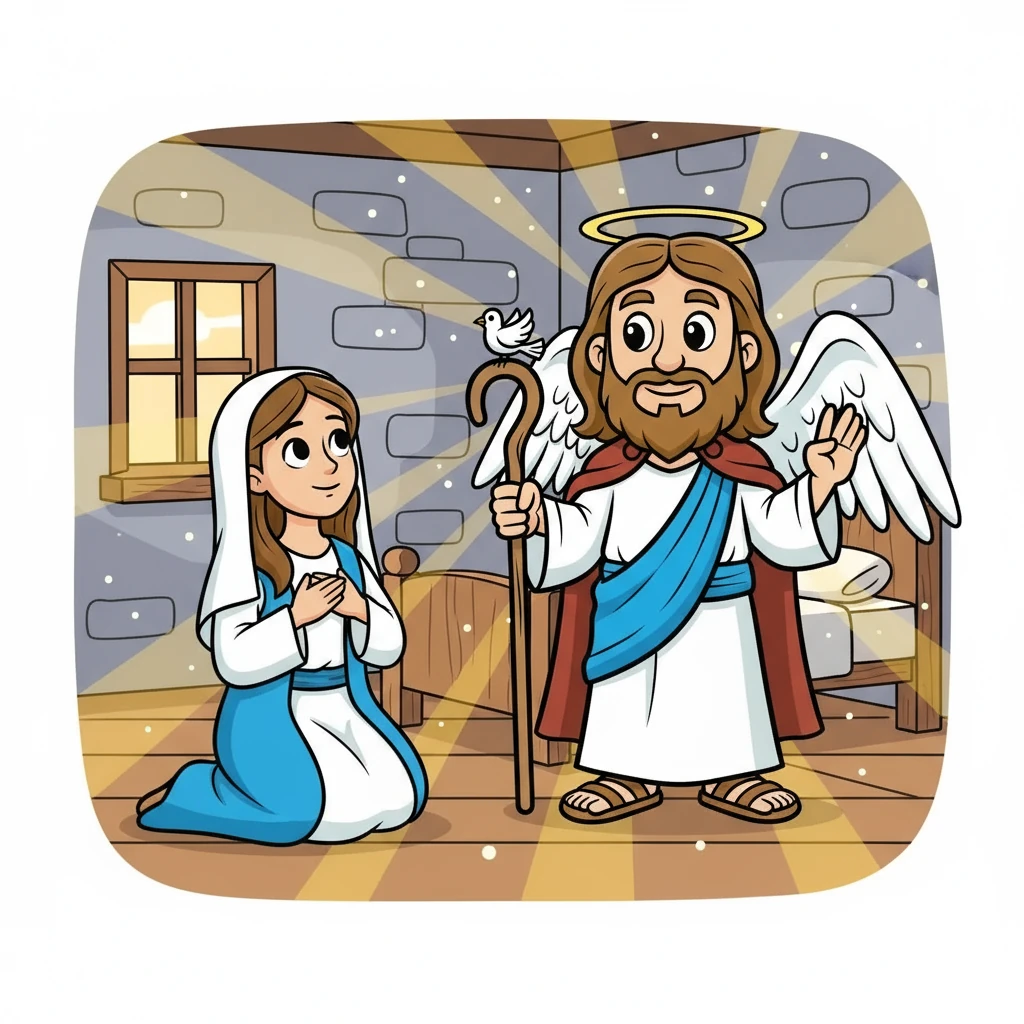 Malaikat Gabriel muncul kepada Maria, mengumumkan bahwa dia akan mengandung seorang anak laki-laki. Maria, dengan kelembutan hati, menerima takdirnya. Cahaya surgawi memenuhi kamarnya, menandakan awal dari sebuah mukjizat.