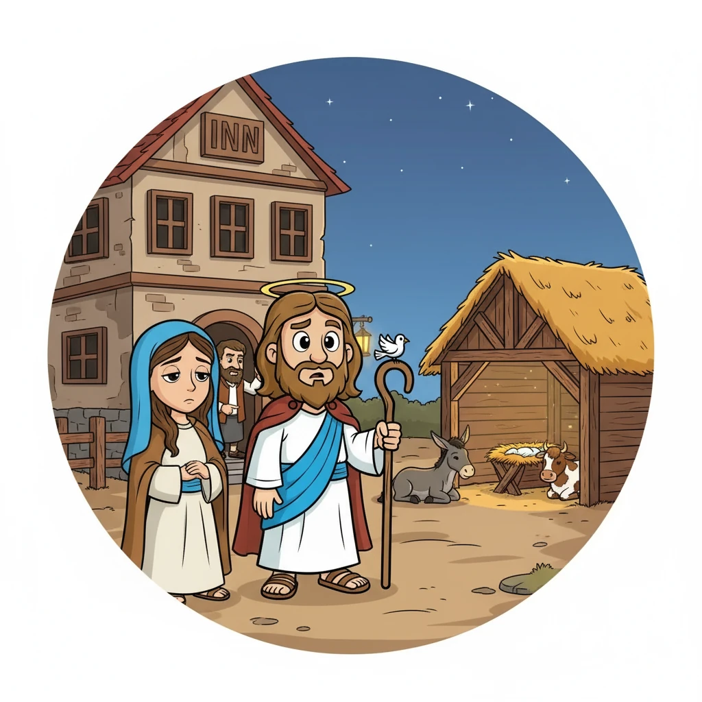 Di Betlehem, Maria dan Yusuf mencari tempat untuk berlindung, tetapi tidak ada tempat di penginapan. Akhirnya, mereka menemukan tempat berlindung di sebuah palungan di kandang.