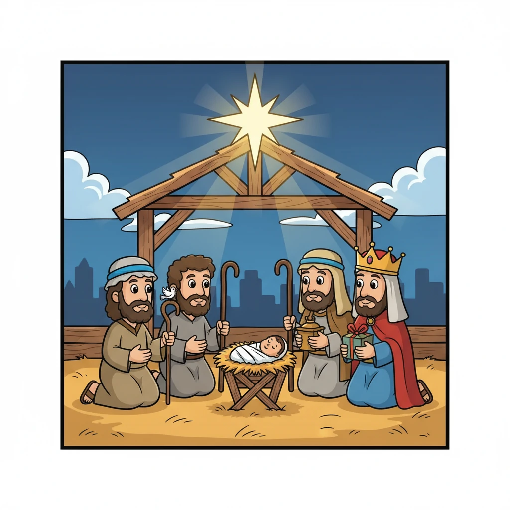 Bayi Yesus lahir di palungan, dibungkus kain lampin. Gembala, yang mendapat kabar dari malaikat, datang untuk menyembah bayi Yesus. Bintang terang bersinar di langit, memandu orang bijak dari timur.