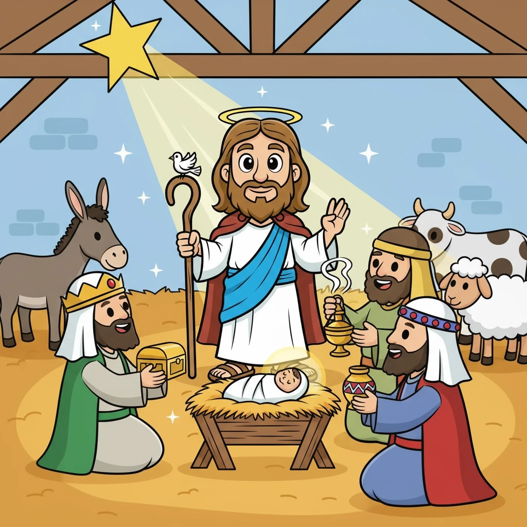 Orang bijak, mengikuti bintang, tiba di Betlehem. Mereka mempersembahkan hadiah emas, kemenyan, dan mur kepada bayi Yesus, mengakui-Nya sebagai raja. Kegembiraan dan keajaiban memenuhi kandang, merayakan kelahiran Juruselamat.