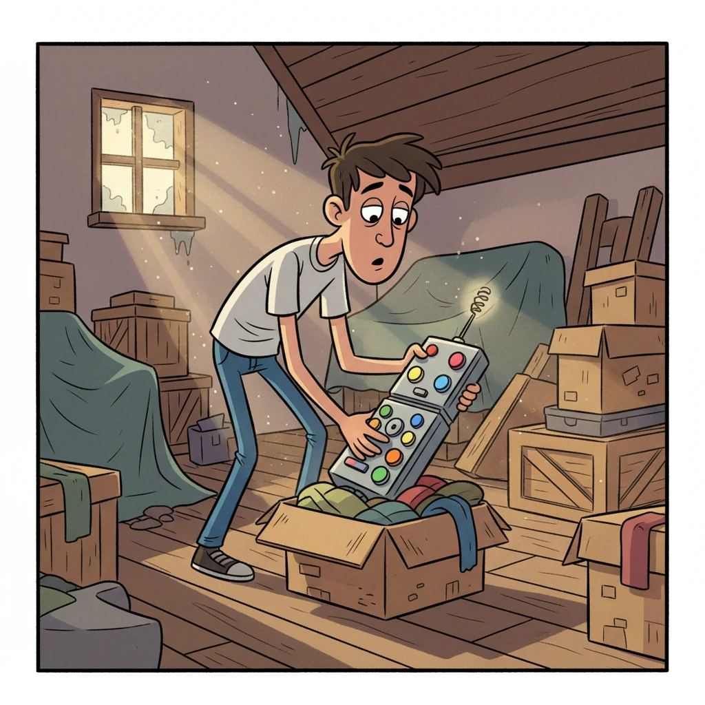 Leo, a lanky young man with a perpetually bored expression, rummages through his attic. Dust motes dance in the sunlight filtering through a small window as he unearths an old, strange-looking remote control from a forgotten box. It has many colorful, unlabeled buttons and a small, glowing antenna.