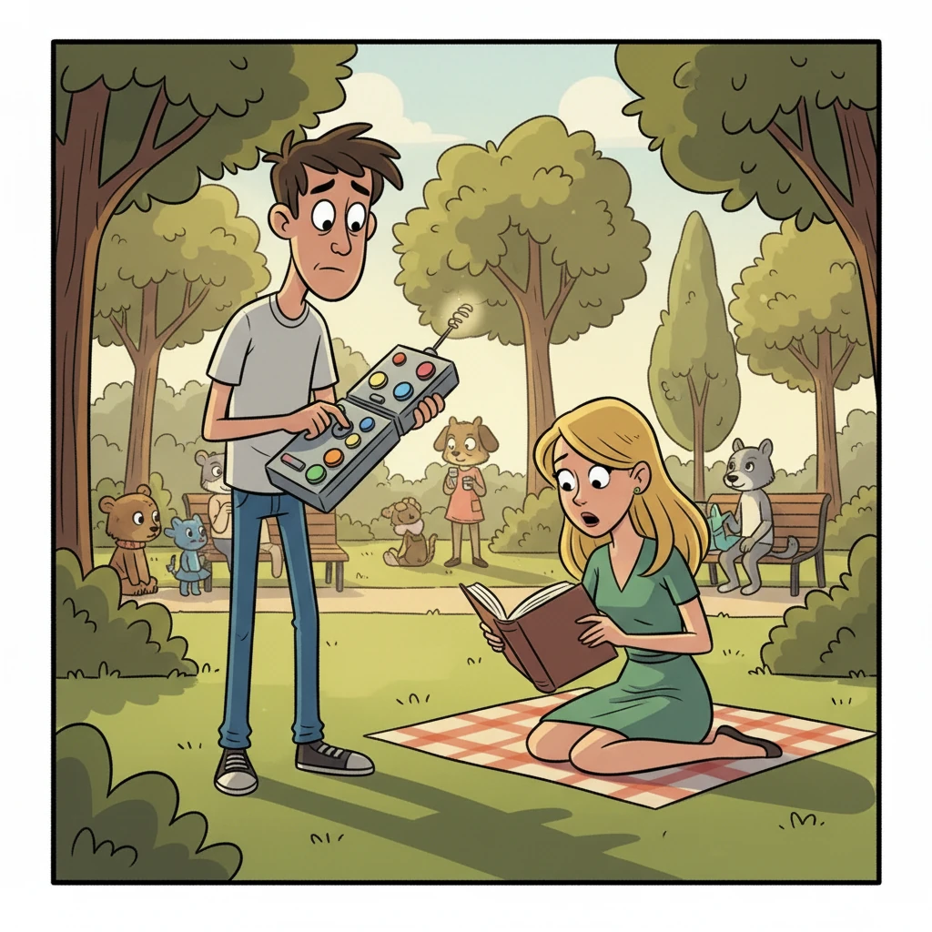 One afternoon, while walking through the park, Leo spots a beautiful woman reading on a bench. He hesitates, then uses the remote to make her drop her book, giving him an excuse to approach and help her.