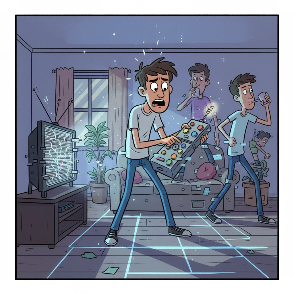 One evening, while trying to 'fix' a clumsy moment, the remote flickers erratically. The world around him stutters and glitches, people move in jerky, unnatural ways. Fear grips Leo as he realizes the remote might be breaking or, worse, breaking the world itself.