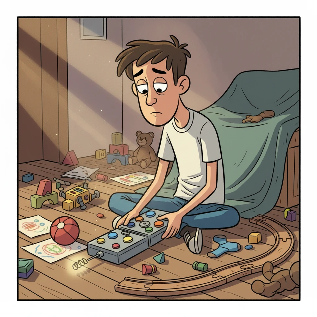 Leo, sitting alone in his now-chaotic room, looks at the remote with a heavy heart. He understands that true happiness and connection cannot be manufactured. With a deep sigh, he decides to let go of the magical device.