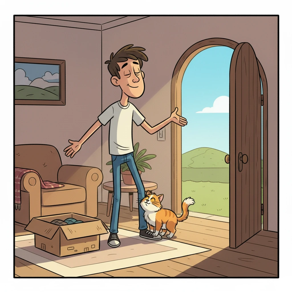 He returns the remote to the dusty attic box, closing it firmly. Stepping back into the living room, he takes a deep breath, ready to face the world and its unpredictable nature, determined to build genuine connections without any magical shortcuts. Mittens, no longer floating, rubs against his leg.