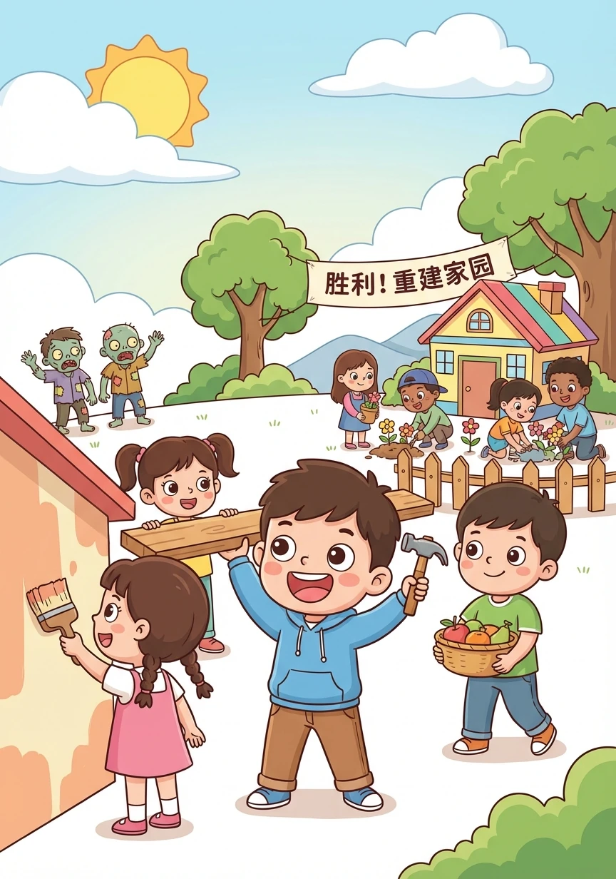 小明和他的朋友们一起，用自己的勇气和智慧，战胜了僵尸，重建了家园，世界重新充满了希望。