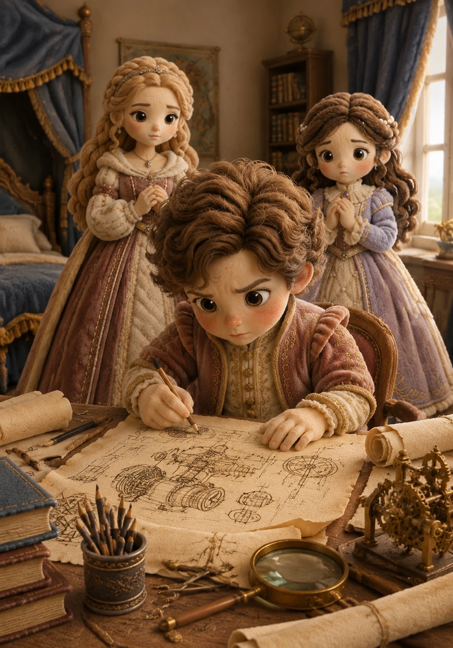 Meanwhile, five-year-old Cael sat in his bedroom, frantically sketching complex mechanical blueprints on expensive parchment. Just days ago, he was a university student on modern Earth who had simply fallen asleep and woken up in the body of a young noble boy. He struggled to adjust to a world without electricity, desperately trying to recreate the technology of his home.