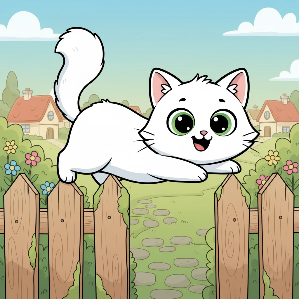 In a cozy little village, lived Meenu, a fluffy white cat with sparkling green eyes and a tiny pink nose. Meenu wasn't just any cat; she was bursting with curiosity, always wondering what was beyond her garden fence. Her playful spirit made every day an adventure waiting to happen.
