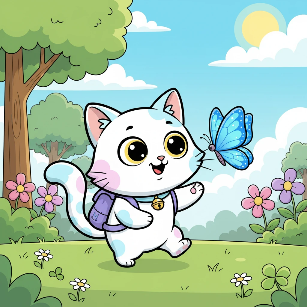 One sunny morning, a dazzling blue butterfly fluttered past Meenu's nose, its wings shimmering like tiny jewels. "Where are you flying to?" she thought, her tail twitching with excitement. Unable to resist the allure, Meenu began to tiptoe after the beautiful insect.