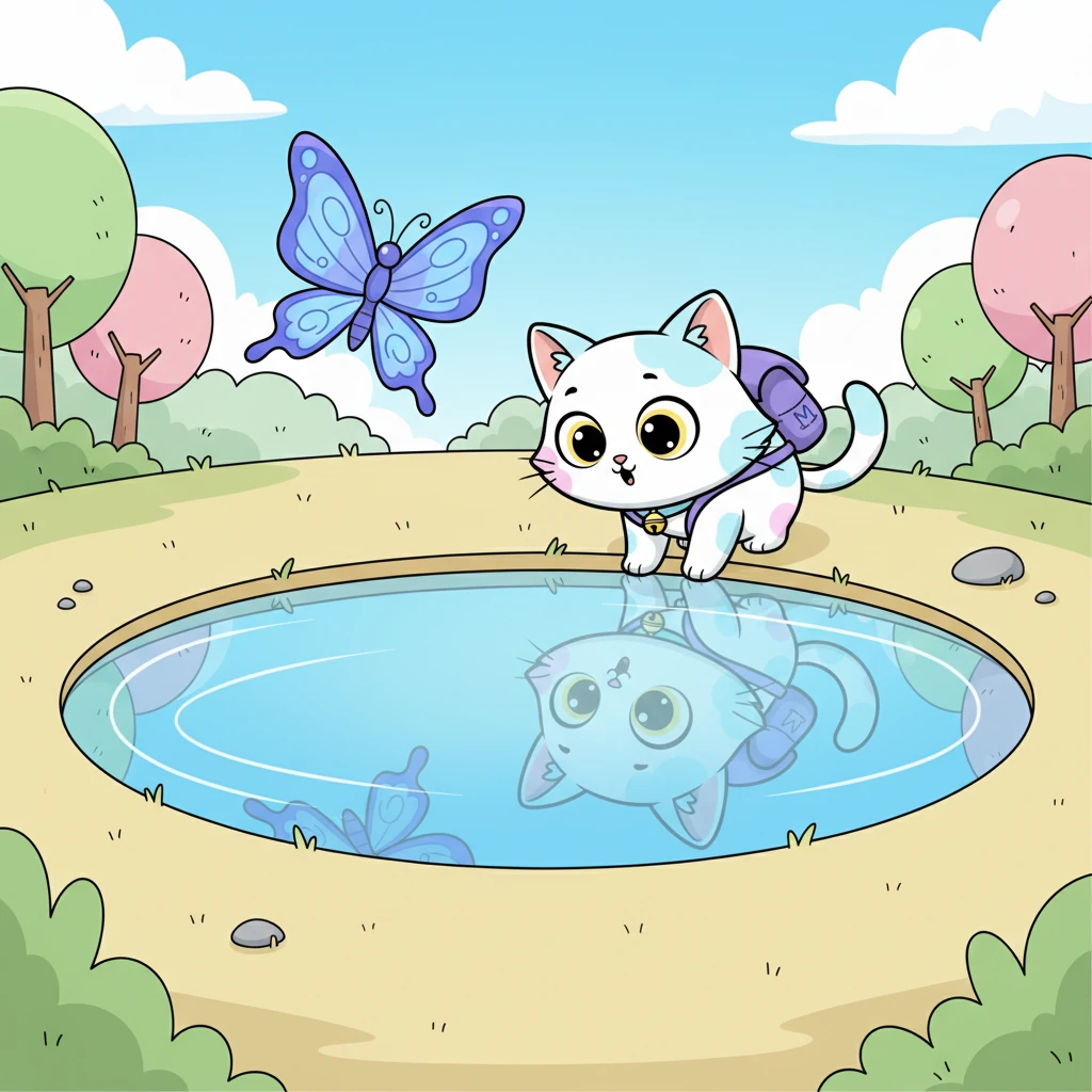 The butterfly danced and twirled, leading Meenu away from her familiar yard and towards a shimmering pond. Meenu's eyes grew wide as she saw the water reflecting the sky, a whole new world opening up before her. She cautiously crept to the edge, peering into the cool, clear surface.