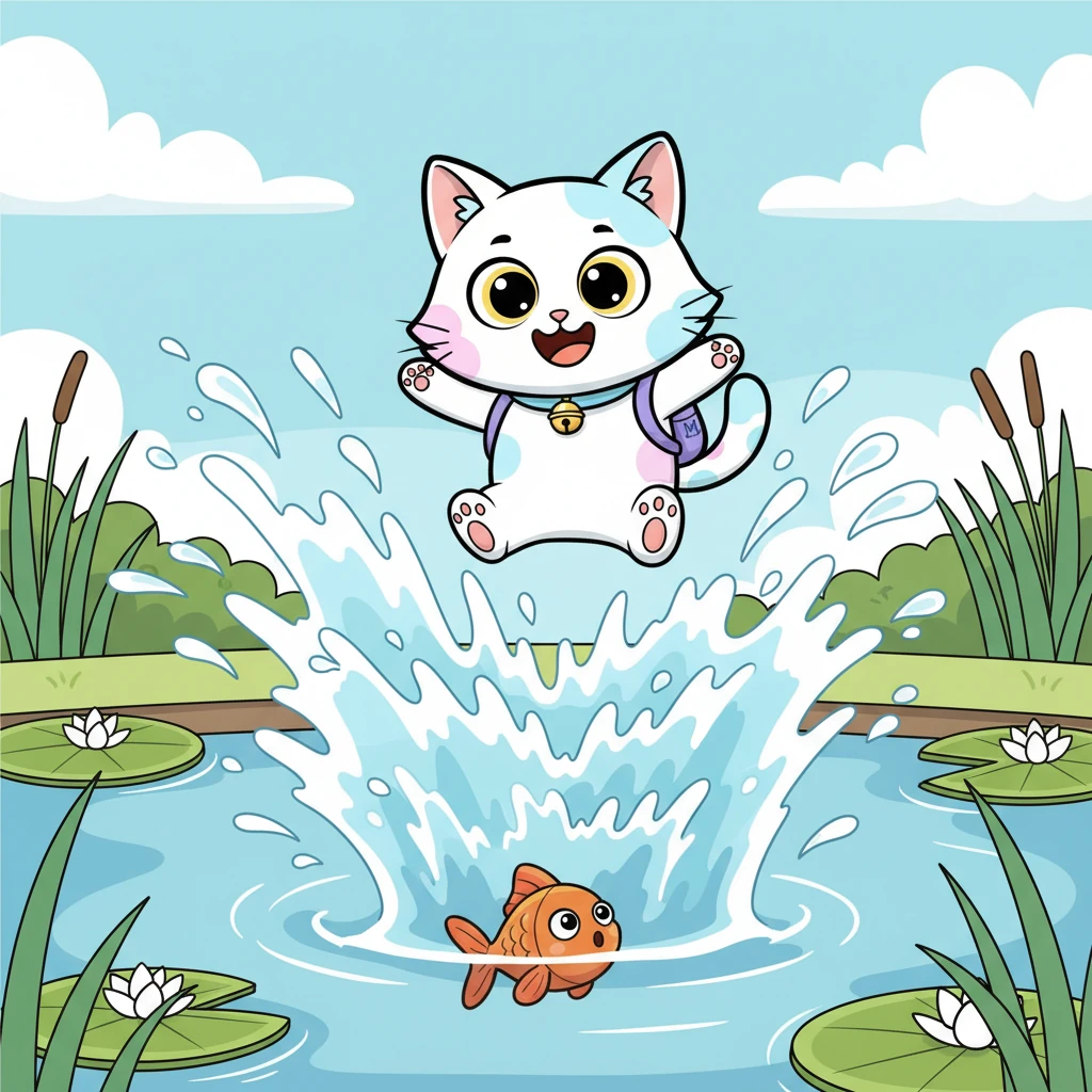 Suddenly, a flash of orange caught her eye beneath the water – a little fish! "Wow! A swimming toy!" Meenu exclaimed silently, her playful instincts taking over. With a mighty leap, she plunged into the pond with a huge, unexpected splash!