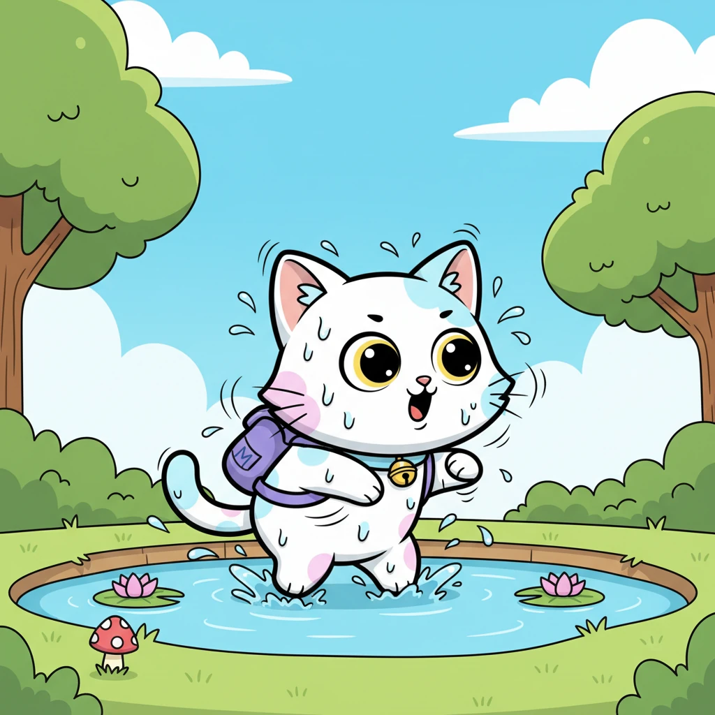 "Splish-splash-splosh!" Meenu immediately realized her mistake; cats and water were not friends! She scrambled out, fur dripping and flattened, shaking her whole body vigorously. "Brrr! Next time, I'll definitely ask before jumping into something new," she declared, a little wiser and a lot wetter.