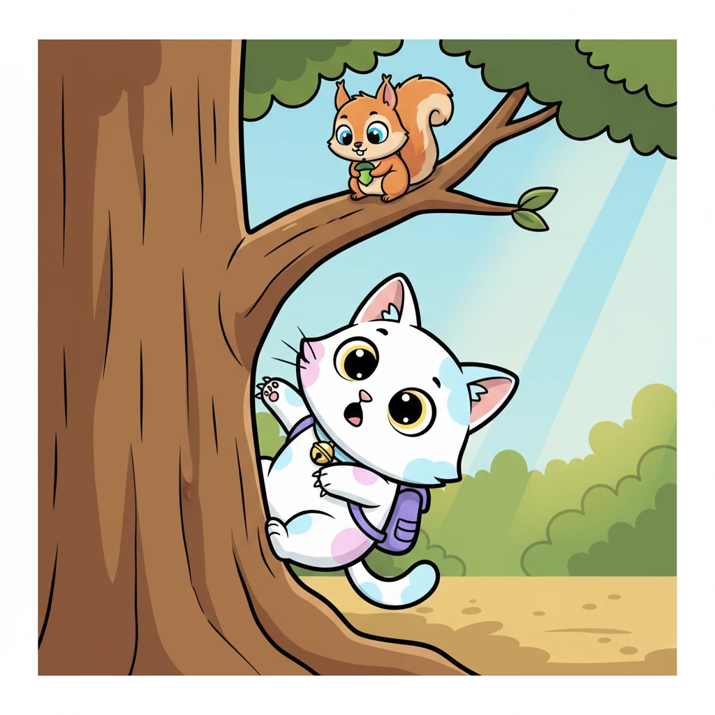 With determination, Meenu stretched her paws and tried to mimic the squirrel, attempting to scale the rough tree bark. Her little claws scrabbled, but the trunk was too wide and smooth for her. Whoops! Her paws slipped, and she tumbled downwards.