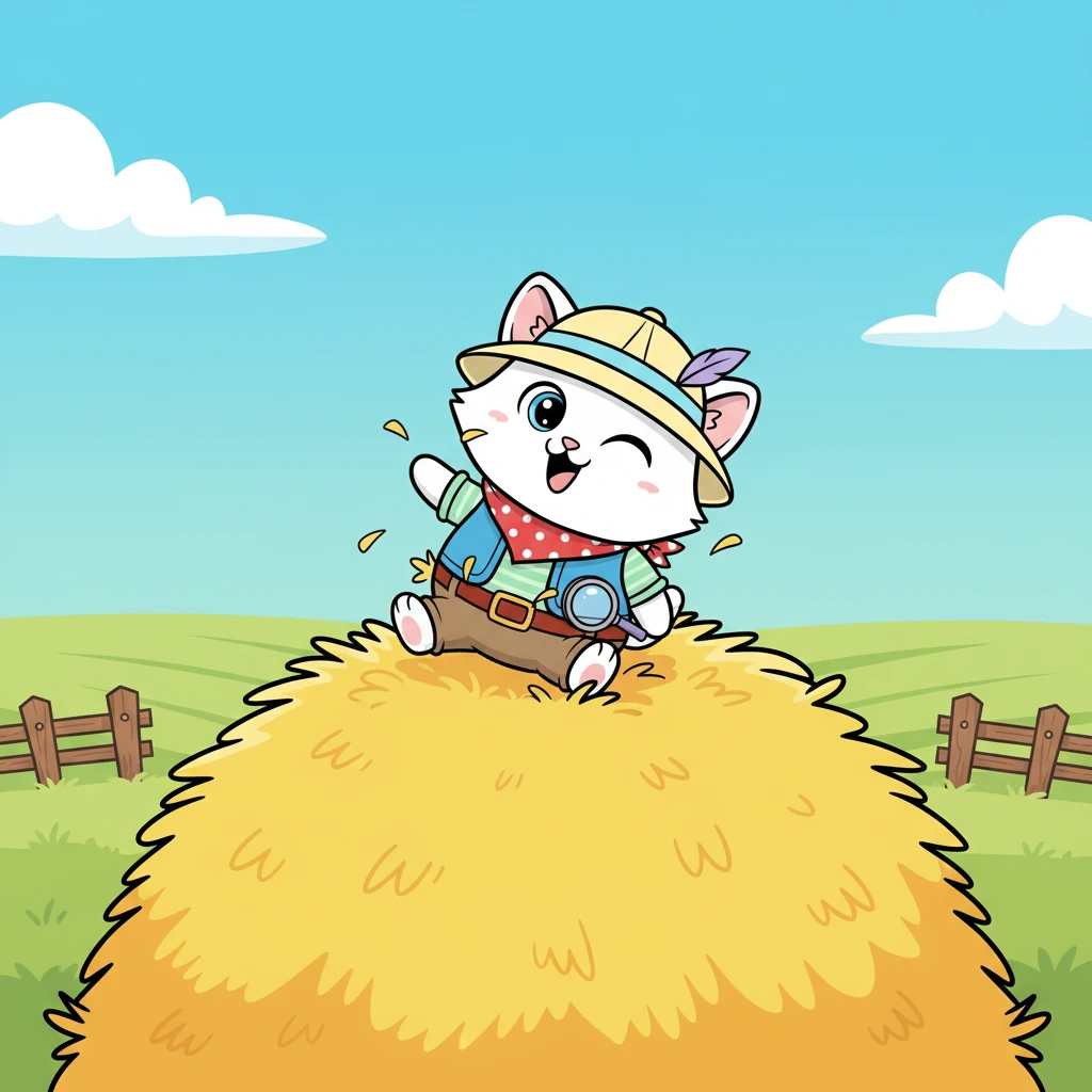 Instead of a hard landing, Meenu landed with a soft "thump" right onto a fluffy haystack. She bounced a little, then sat up, a bit startled but unharmed. "Oopsie! That was close!" she giggled, realizing her adventurous spirit sometimes got the better of her.