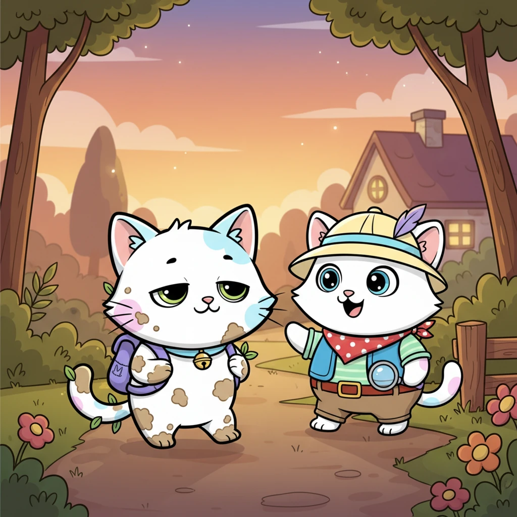 As evening approached, Meenu padded home, her white fur now speckled with mud and leaves, her green eyes twinkling with exhaustion. She was tired but full of stories from her day of exploration. Her little friend, Hardhu, was waiting for her, a warm smile on his face.