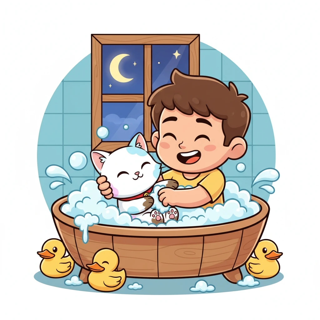 Hardhu gently picked up his adventurous cat and gave her a warm, bubbly bath, carefully cleaning her muddy paws. "Meenu," he chuckled, "you truly are the funniest, most curious cat ever!" Meenu purred deeply, snuggling into his lap, already dreaming of tomorrow's exciting discoveries.