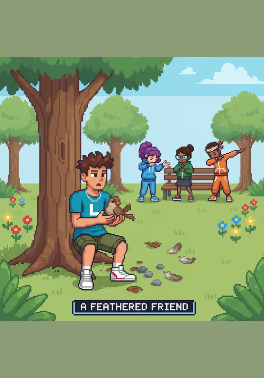 Leo stands with his friends around a wooden park bench, holding a half-full water bottle with intense, silent focus. With a precise flick of his wrist, the bottle spins through the air and lands perfectly upright, triggering an explosion of cheers and high-fives.