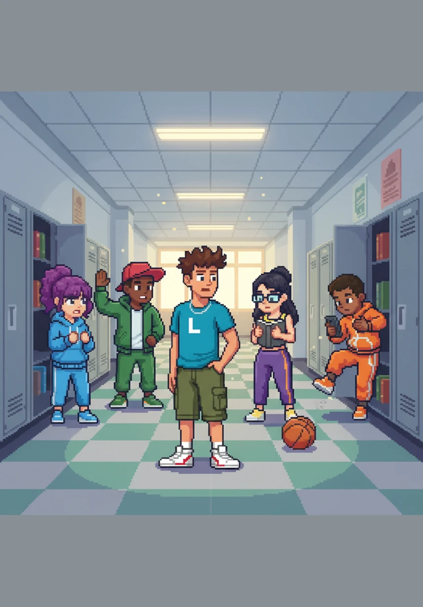 Inside the school hallway, everything goes silent and perfectly still as Leo and his classmates strike dramatic, frozen poses. A single friend moves slowly through the crowd with a camera, capturing the perfect Mannequin Challenge as if time had completely stopped for a moment.