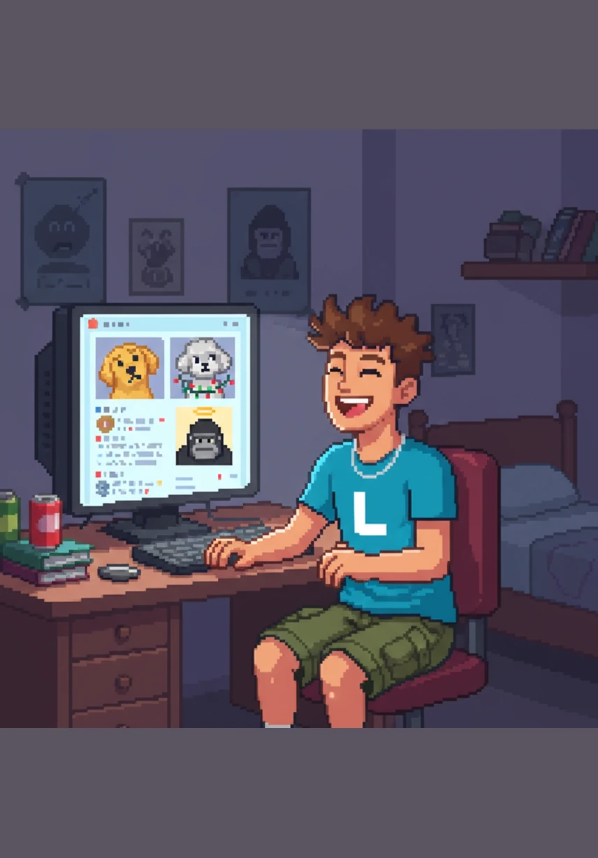 Back in his room, Leo laughs at his computer screen while scrolling through a feed of confused dog memes and tributes to a famous zoo gorilla. These simple, pixelated images spread across the internet like wildfire, creating a shared language of humor for millions of teenagers around the world.