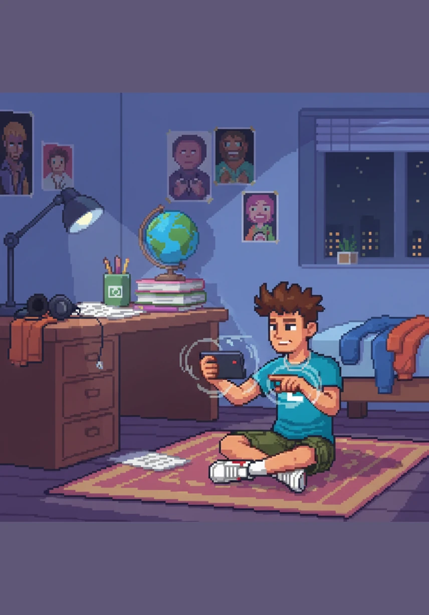 Leo sets up his phone against a stack of school books and begins practicing a series of complex, rhythmic hand movements. He is recording a short lip-sync video for a rising social app, hoping his clever transitions and timing will help him go viral by morning.