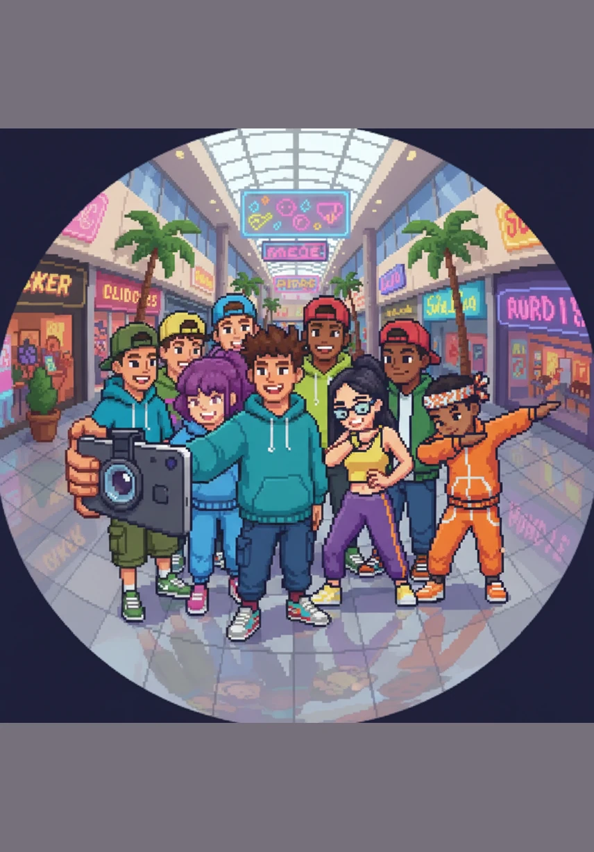 The group gathers at the neon-lit shopping mall, crowding together for a group selfie using a tiny clip-on fish-eye lens. The distorted, wide-angle photo captures their wide smiles and the colorful streetwear fashion of an era defined by snapbacks and oversized hoodies.
