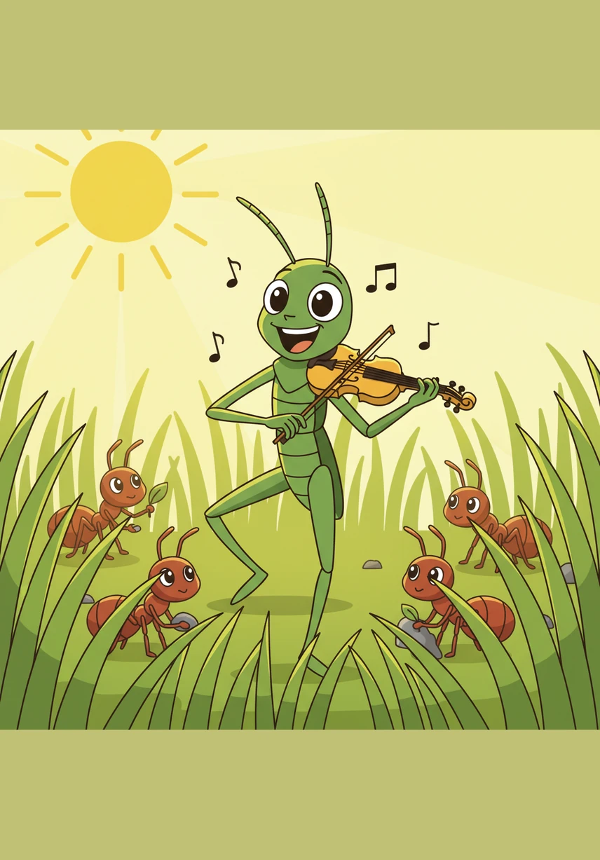 In the heart of a sun-drenched meadow, Pip the grasshopper spent his days playing a golden fiddle. He danced through the tall green grass, his music filling the air with joy and carefree melodies while the sun shone brightly.