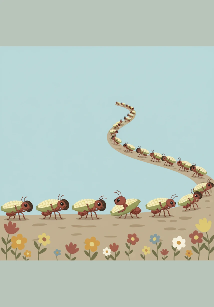 Below the swaying wildflowers, a long line of ants marched steadily across the dusty path. Each ant carried a kernel of corn or a heavy seed, their tiny bodies straining under the weight of their winter stores.