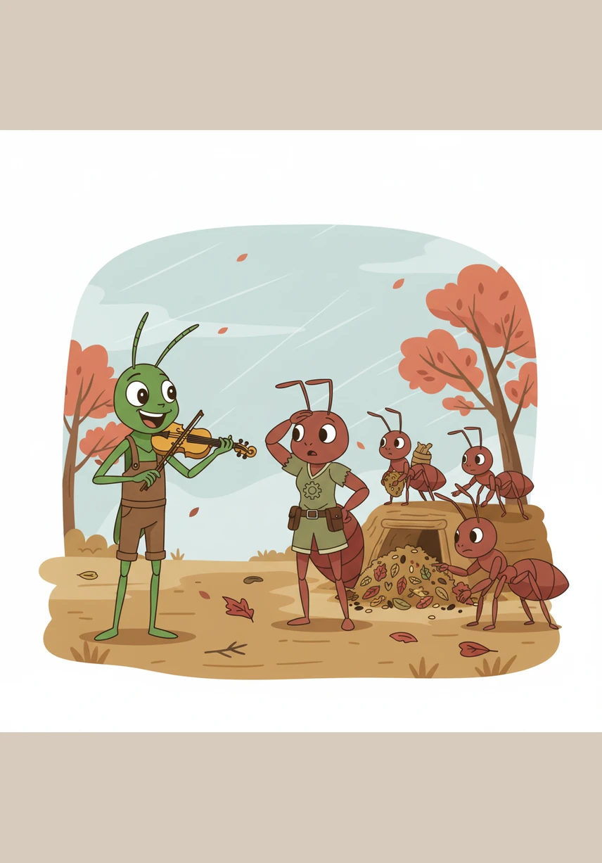 A wise ant named Maya paused for a moment to wipe her brow and look at the singing grasshopper. She explained that winter would soon be here, and without food stored away, the colony would surely starve in the cold.