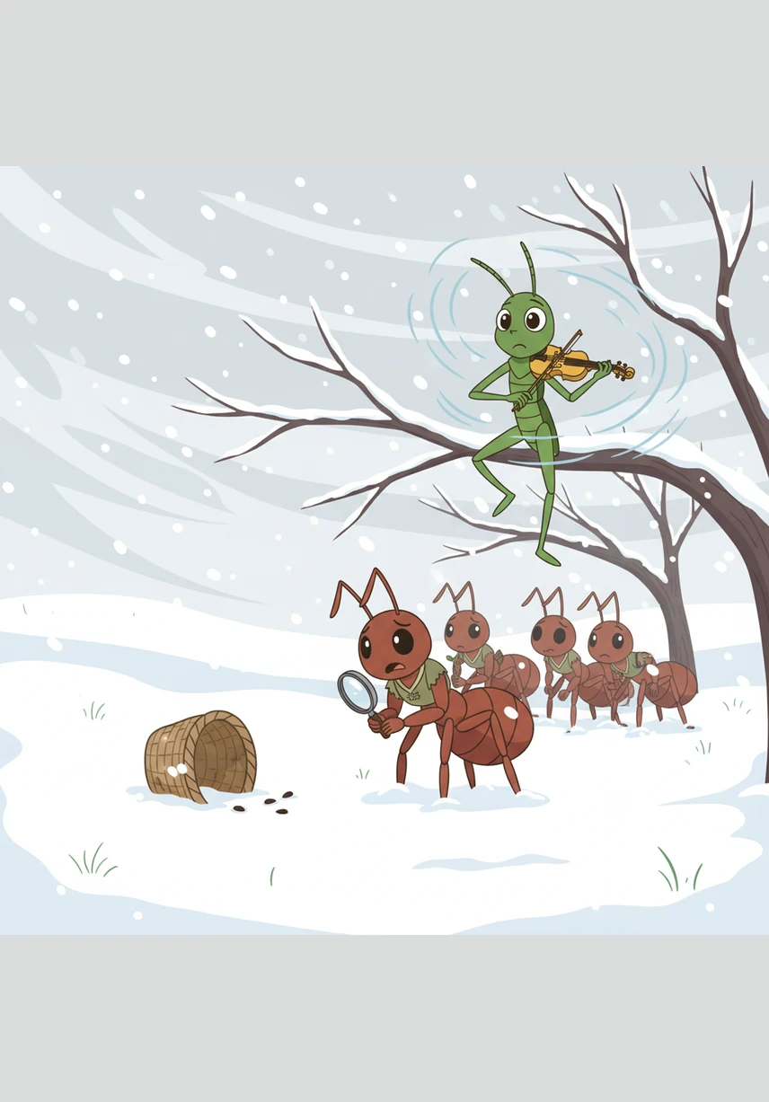 Suddenly, a thick blanket of white snow fell over the world, burying the meadow in a freezing silence. The flowers were gone, the seeds were hidden, and the icy wind howled through the bare branches of the trees.