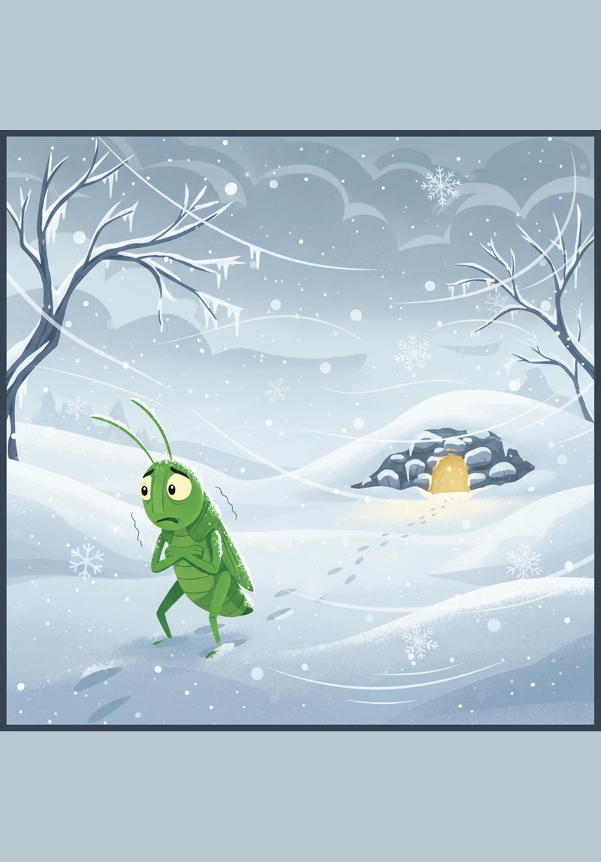 Pip shivered in the cold, his fiddle silent and his stomach growling with a deep, painful hunger. He wandered through the deep snowdrifts, searching desperately for anything to eat, but the frozen earth offered nothing but ice.