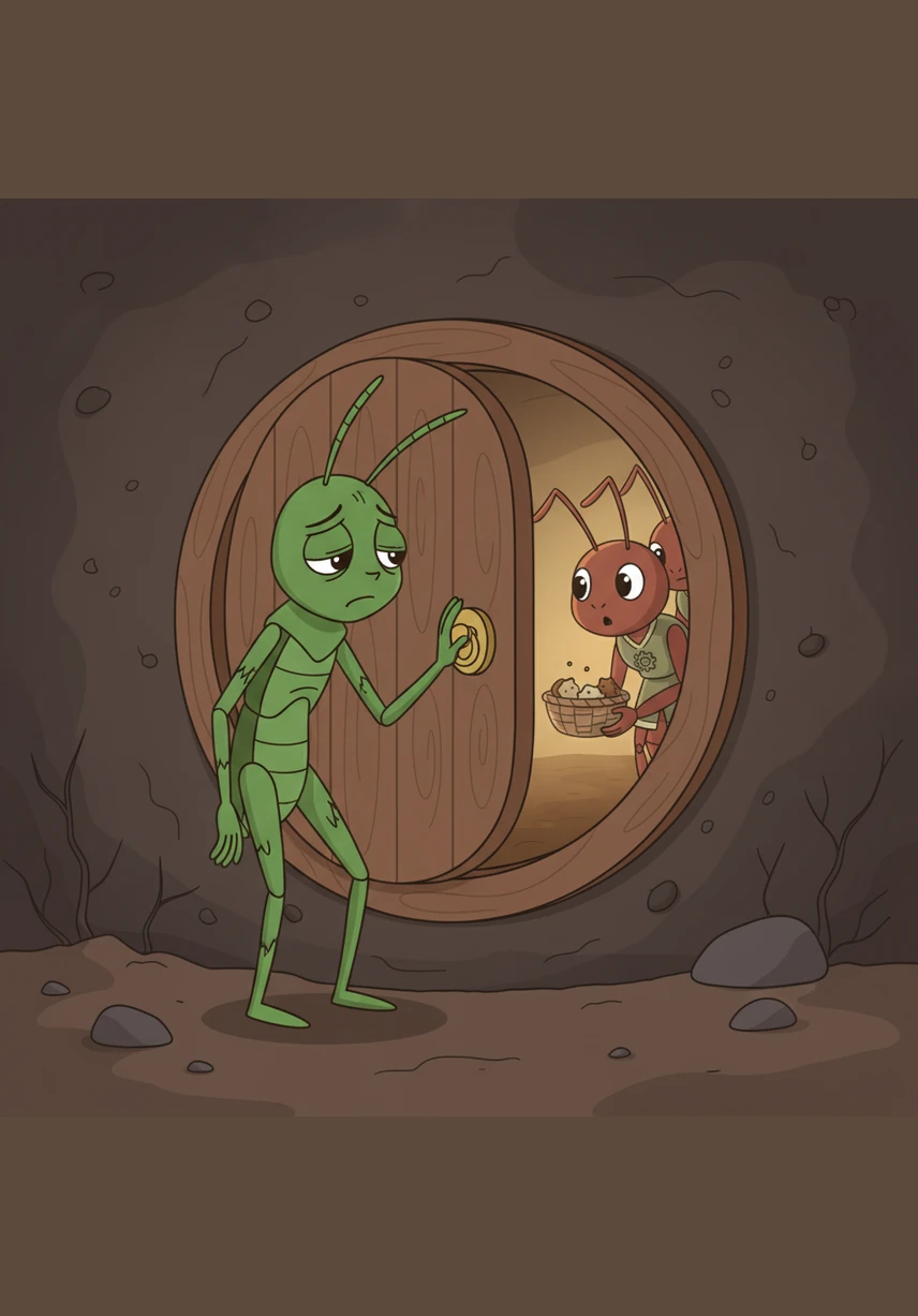 Exhausted and weak, Pip finally reached the ants' sturdy underground home and knocked softly on their door. He begged for a few crumbs of bread, admitting that he had been foolish to play while they worked for their survival.