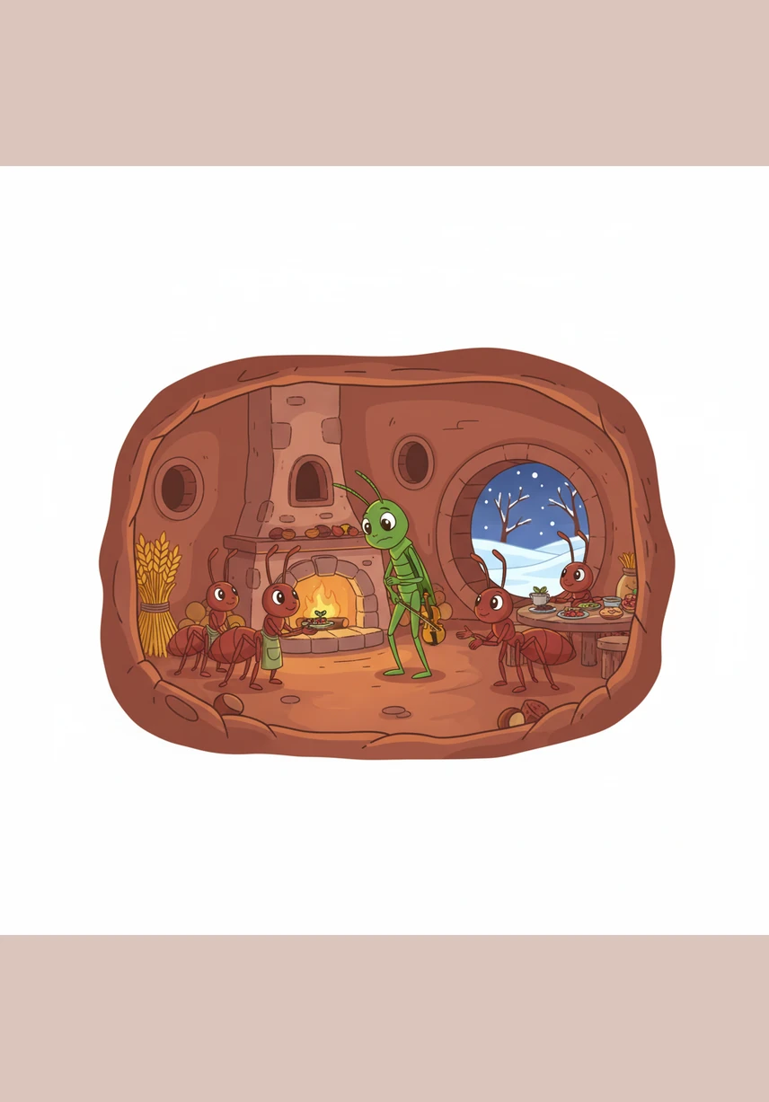 The kind ants opened their doors and shared their warm hearth and plentiful food with the freezing grasshopper. Pip realized then that there is a time for play and a time for work, promising to help them harvest when the summer sun returned.