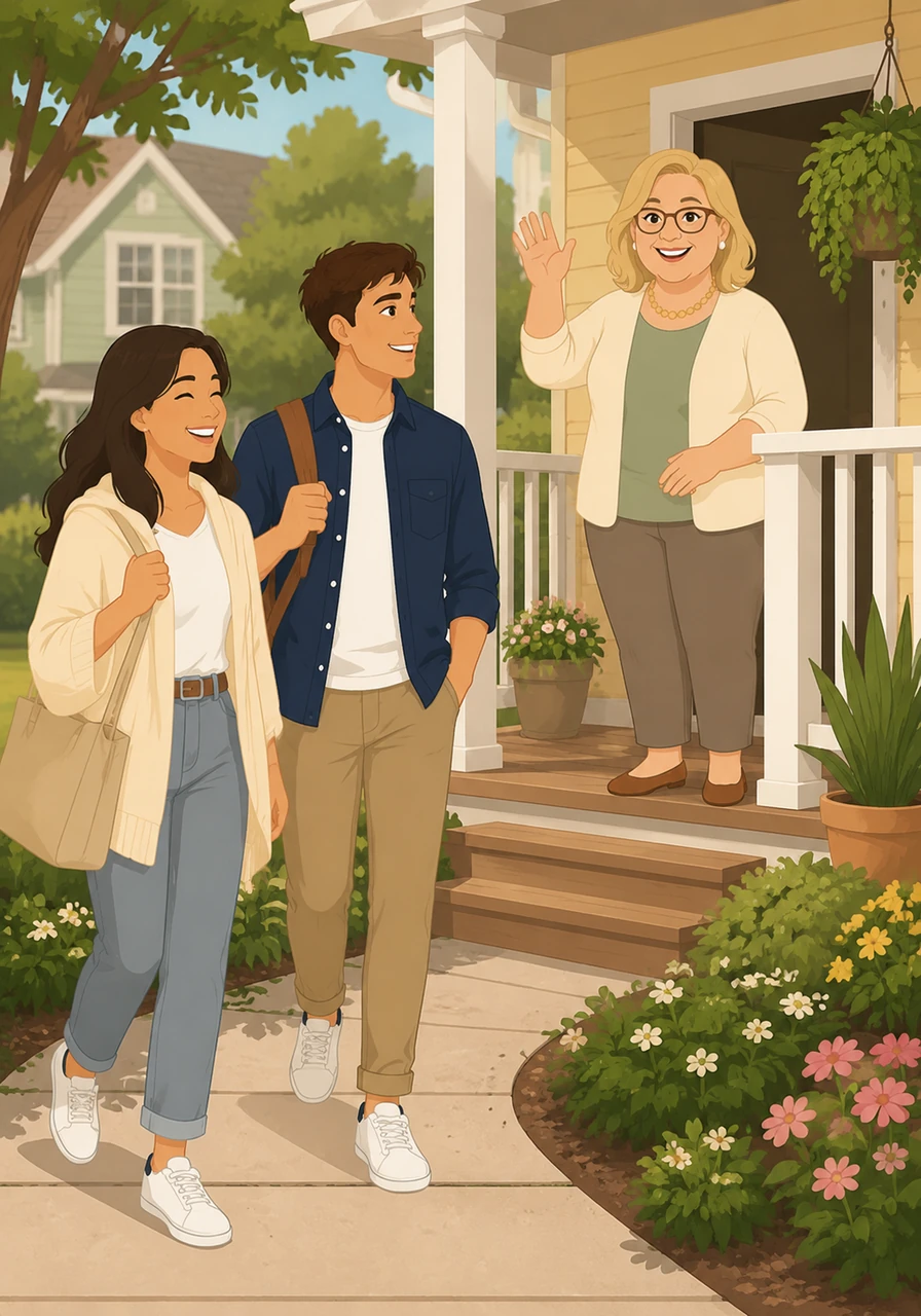 Aunt Yvonne, a cheerful woman with shoulder-length blonde hair and stylish glasses, waves from her cozy porch. Her two best friends, Hana and Logan, walk up the path with bright smiles, ready for a wonderful day together.