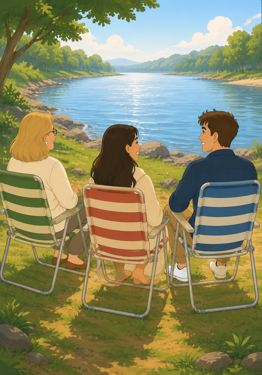 The three friends stroll down to their favorite spot by the riverbank, where the water sparkles under the warm morning sun. They settle into comfortable lawn chairs, looking out at the calm, wide river.