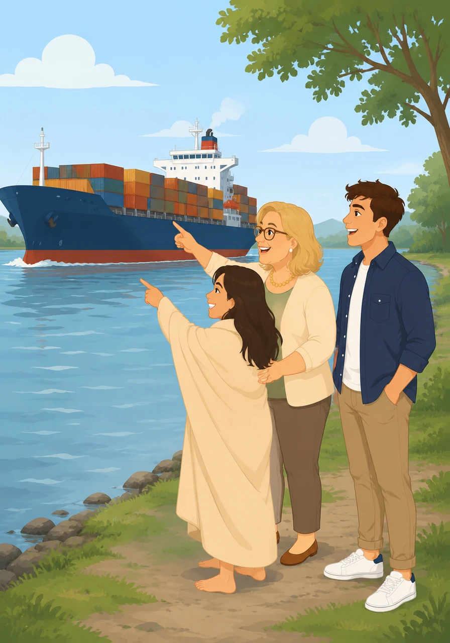 A large, colorful cargo ship slowly glides past, honking its deep horn. Aunt Yvonne, Hana, and Logan point and smile, enjoying the peaceful rhythm of the river traffic.