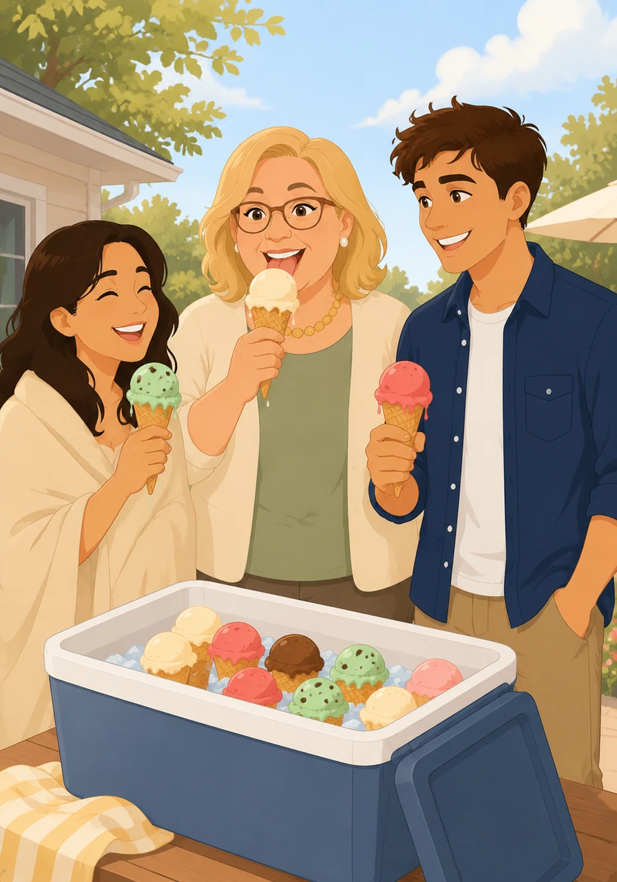 As the afternoon heat arrives, Aunt Yvonne surprises everyone with a cooler filled with delicious, dripping ice cream cones. Hana chooses mint chocolate chip, Logan gets bright strawberry, and Aunt Yvonne happily licks a scoop of classic vanilla.