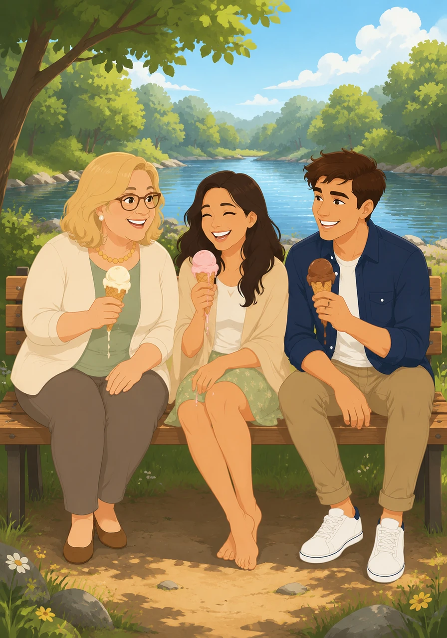They sit together on a wooden bench, laughing as they try to eat their ice cream before it melts in the summer sun. A gentle breeze from the river cools them down, making the sweet treats taste even better.