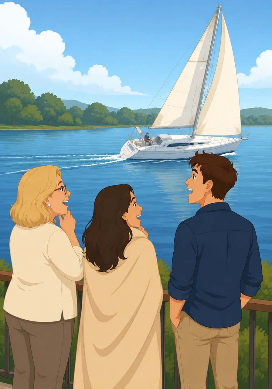 Later, a sleek white sailboat with large canvas sails cuts through the water, tilting gracefully in the wind. The trio watches in awe, captivated by how beautiful and quiet the boat seems on the river.