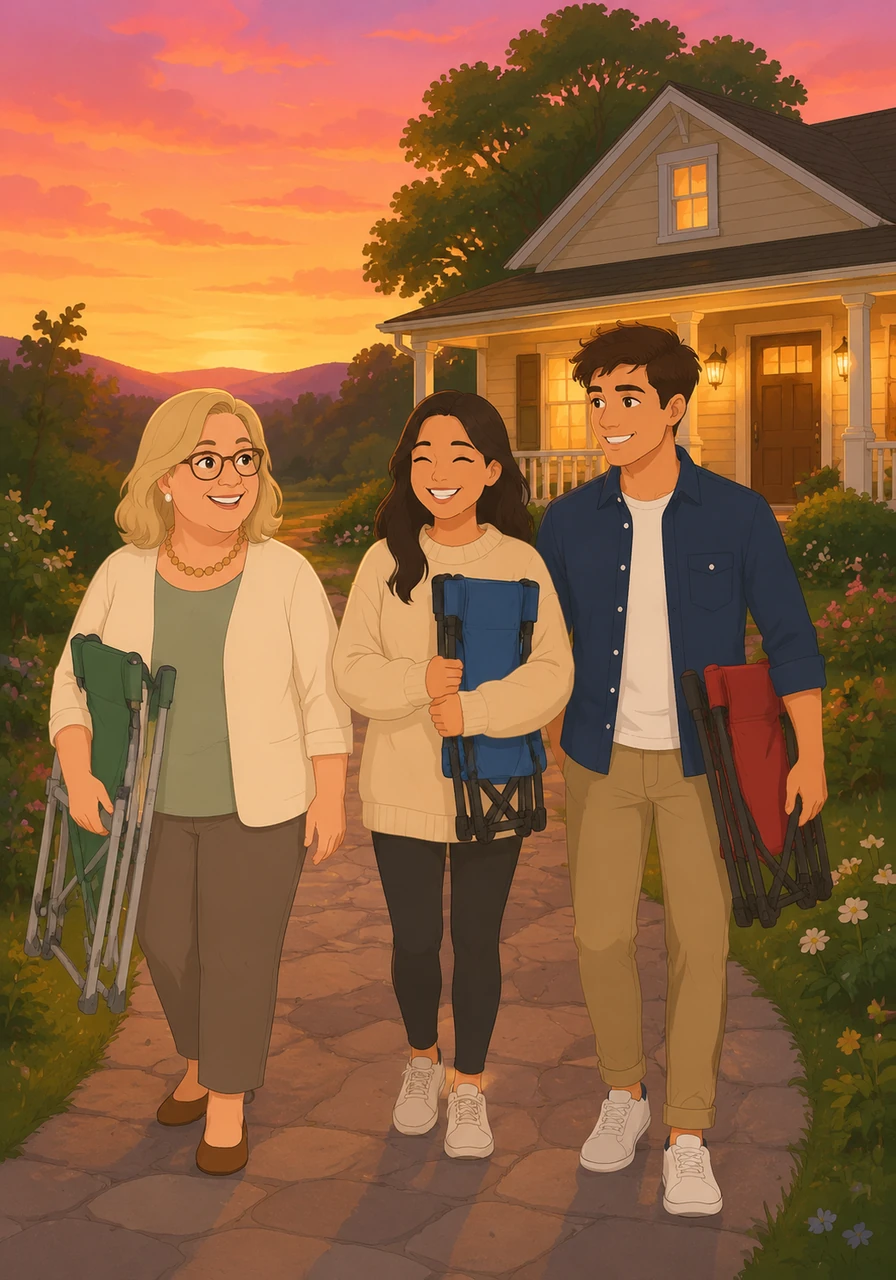 As the sun begins to set, painting the sky in shades of orange and pink, the friends pack up their chairs. They walk back toward Aunt Yvonne's welcoming house, feeling tired but completely content.