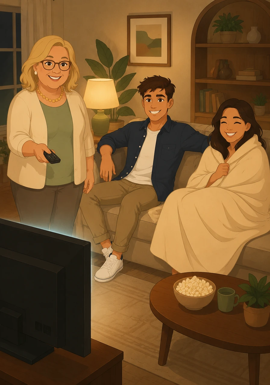 Inside the cozy living room, Aunt Yvonne turns on the television while Logan plops onto the soft sofa and Hana grabs a warm blanket. The room fills with the familiar, comforting glow of the screen.