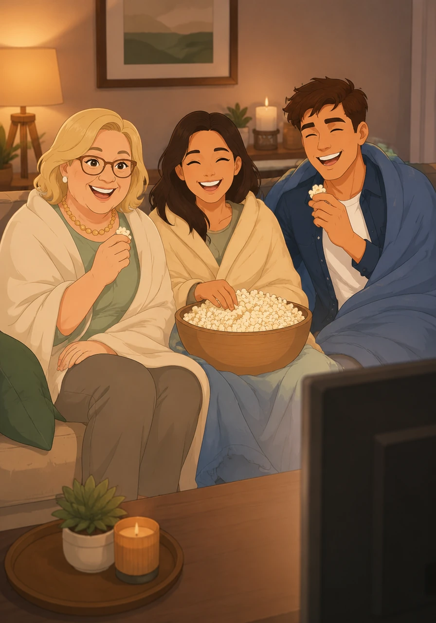 They share a big bowl of crunchy popcorn, laughing together at a funny comedy show on the television. Wrapped up in blankets, the three friends feel safe and happy in each other's company.