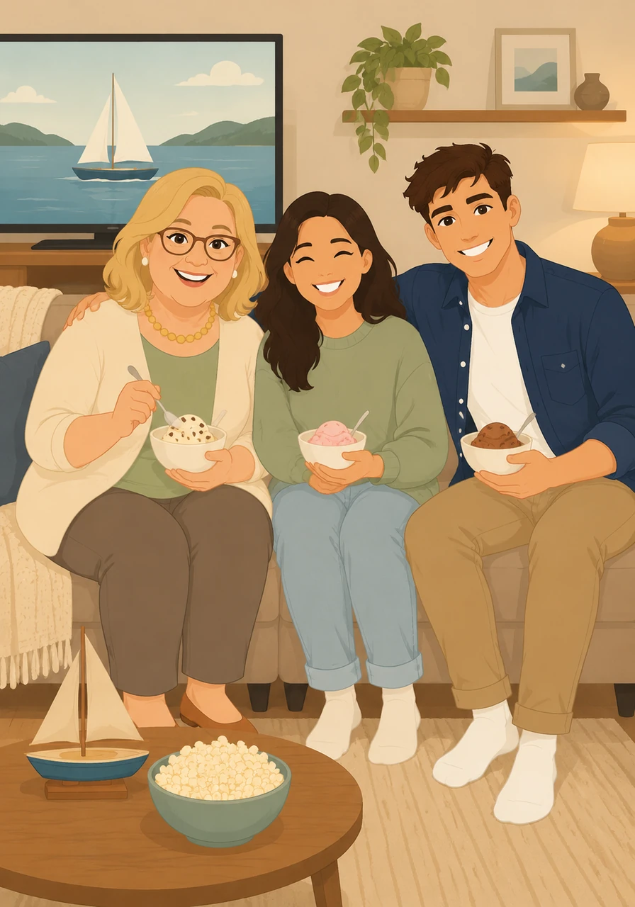 With the TV playing softly in the background, Aunt Yvonne, Hana, and Logan smile, knowing that simple days like this are the very best. It was a perfect day of boats, ice cream, and wonderful friendship.